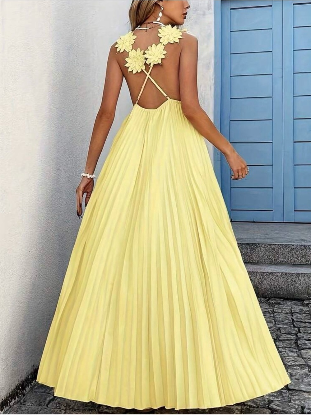 Yellow Floral-Back Pleated Maxi Dress